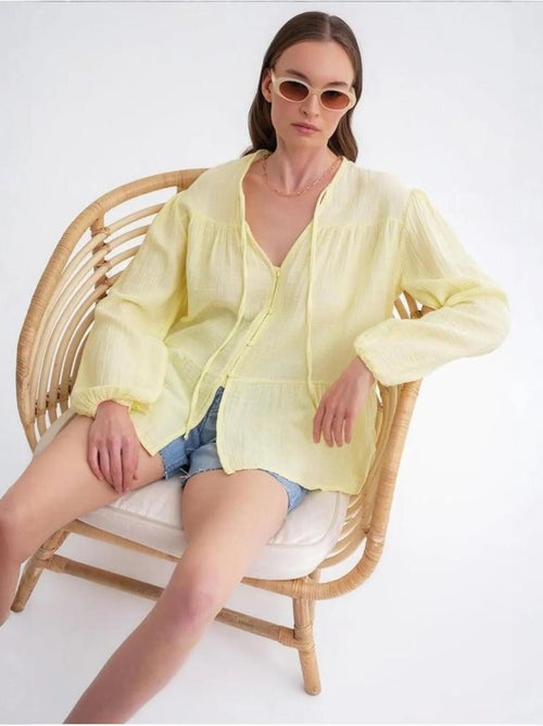 Chemise en seersucker à manches trois-quarts et col ras du cou avec détails de reliure mixray - Kiabi