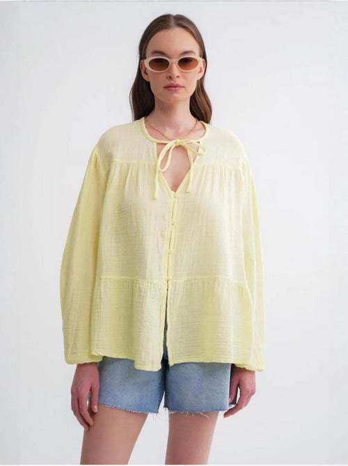 Chemise en seersucker à manches trois-quarts et col ras du cou avec détails de reliure mixray - Kiabi