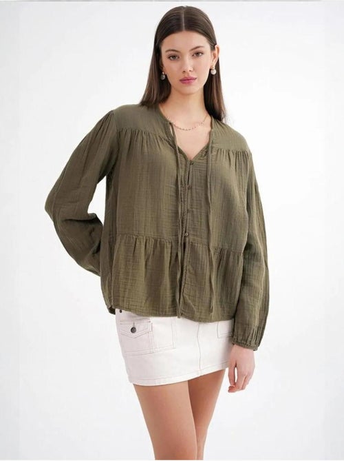 Chemise en seersucker à manches trois-quarts et col ras du cou avec détails de reliure mixray - Kiabi