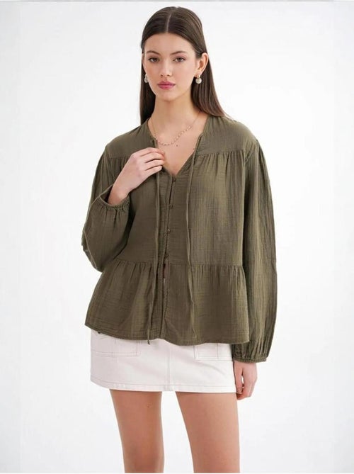 Chemise en seersucker à manches trois-quarts et col ras du cou avec détails de reliure mixray - Kiabi