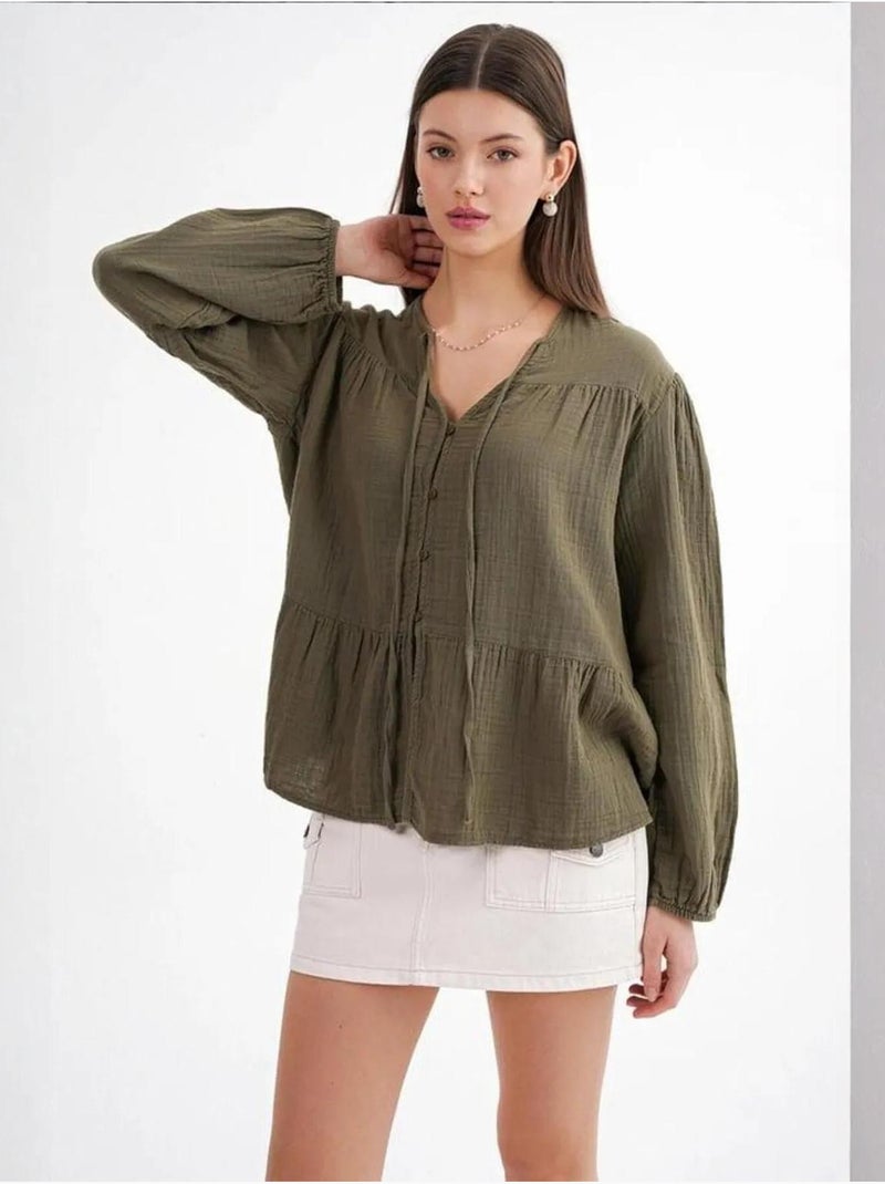 Chemise en seersucker à manches trois-quarts et col ras du cou avec détails de reliure mixray Kaki - Kiabi