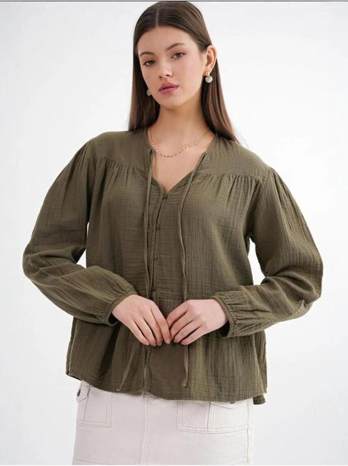 Chemise en seersucker à manches trois-quarts et col ras du cou avec détails de reliure mixray - Kiabi