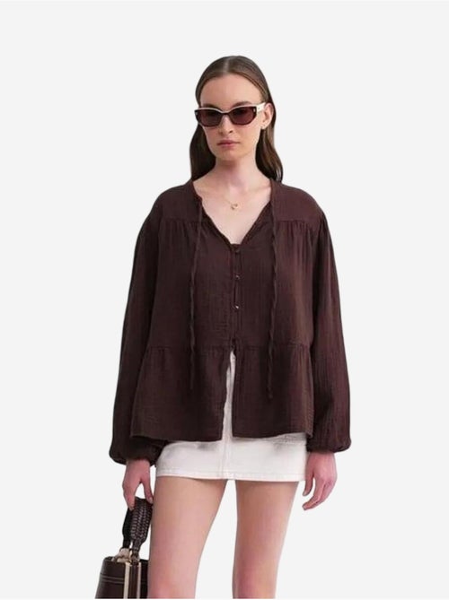 Chemise en seersucker à manches trois-quarts et col ras du cou avec détails de reliure mixray - Kiabi