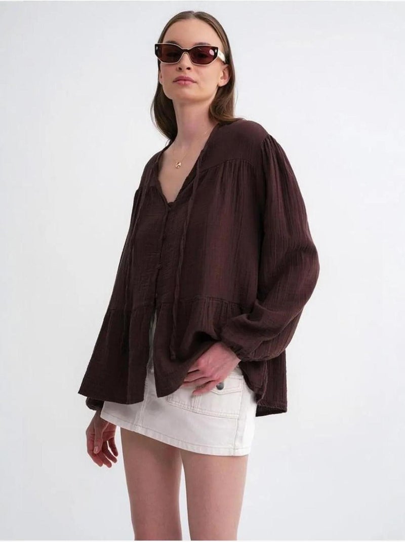 Chemise en seersucker à manches trois-quarts et col ras du cou avec détails de reliure mixray Marron foncé - Kiabi