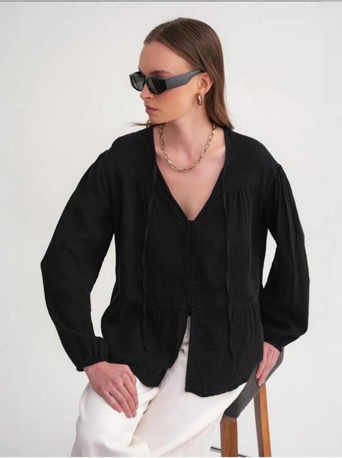Chemise en seersucker à manches trois-quarts et col ras du cou avec détails de reliure mixray - Kiabi