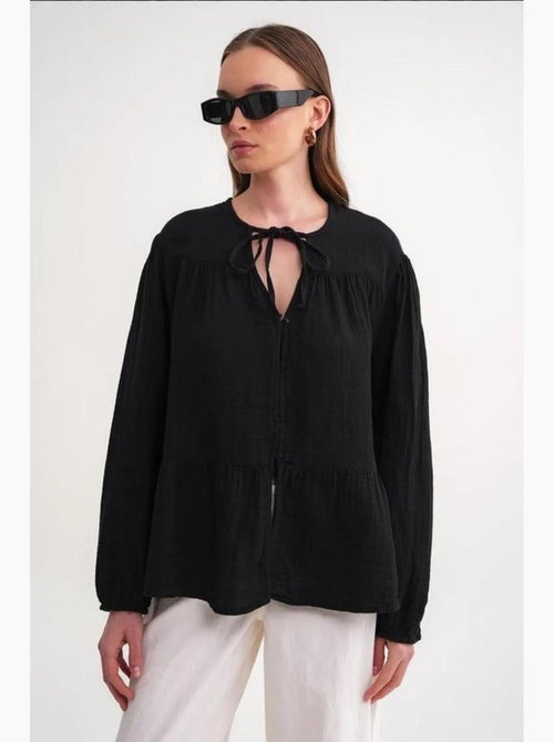 Chemise en seersucker à manches trois-quarts et col ras du cou avec détails de reliure mixray - Kiabi