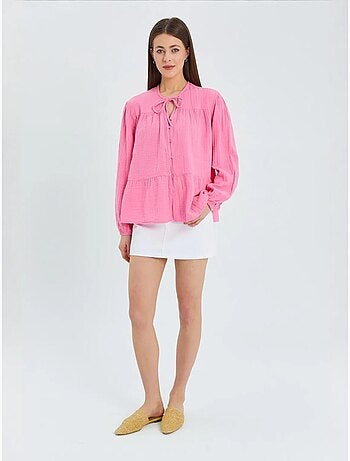 Chemise en seersucker à manches trois-quarts et col ras du cou avec détails de reliure mixray