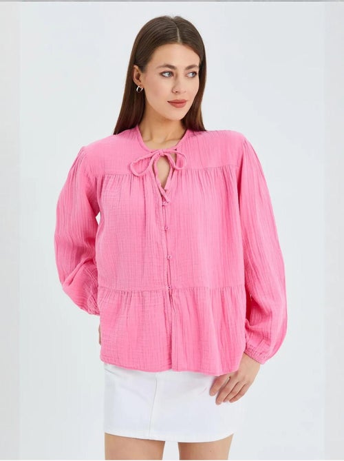 Chemise en seersucker à manches trois-quarts et col ras du cou avec détails de reliure mixray - Kiabi