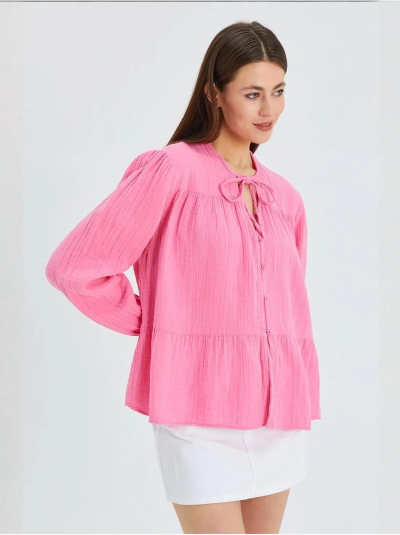 Chemise en seersucker à manches trois-quarts et col ras du cou avec détails de reliure mixray Rose fluo/Solinotes - Kiabi