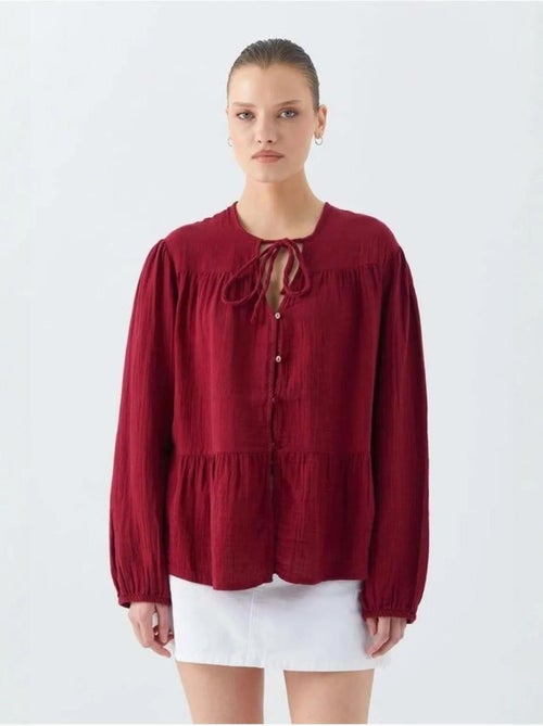 Chemise en seersucker à manches trois-quarts et col ras du cou avec détails de reliure mixray - Kiabi