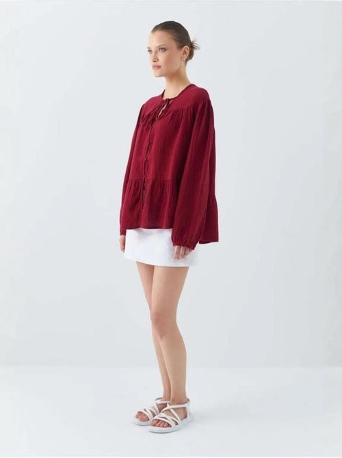 Chemise en seersucker à manches trois-quarts et col ras du cou avec détails de reliure mixray - Kiabi