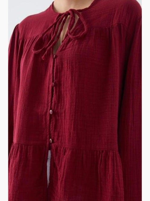Chemise en seersucker à manches trois-quarts et col ras du cou avec détails de reliure mixray - Kiabi