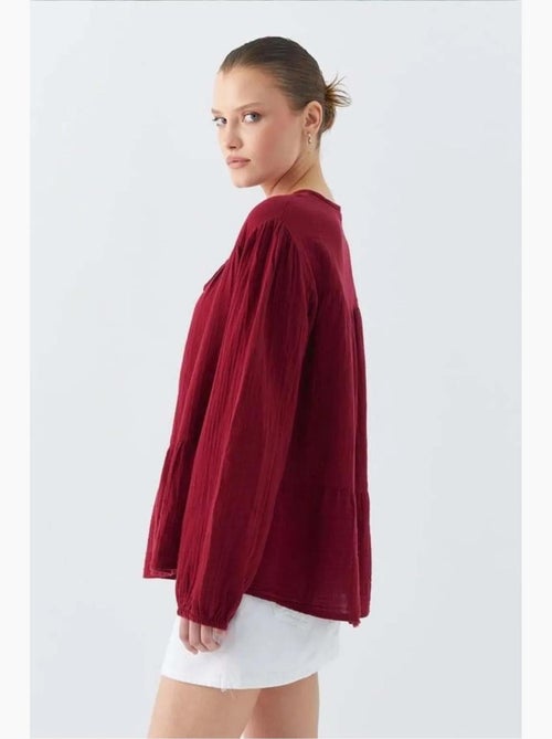 Chemise en seersucker à manches trois-quarts et col ras du cou avec détails de reliure mixray - Kiabi