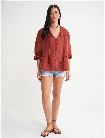 Chemise en seersucker à manches trois-quarts et col ras du cou avec détails de reliure mixray