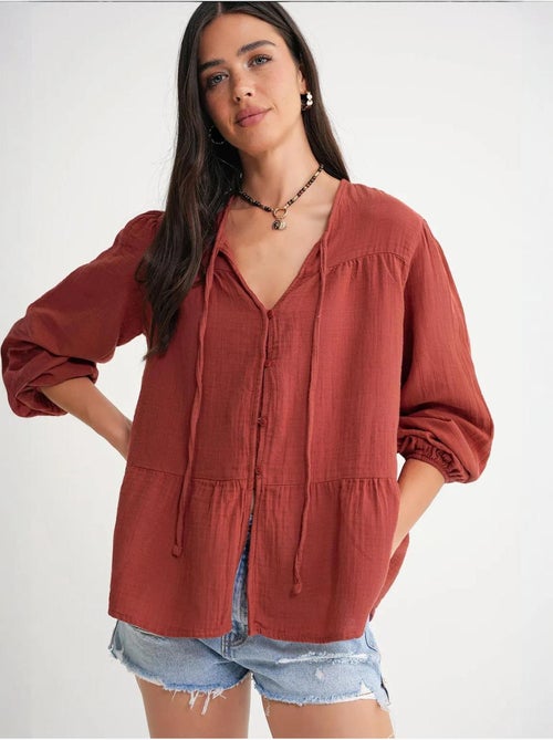 Chemise en seersucker à manches trois-quarts et col ras du cou avec détails de reliure mixray - Kiabi