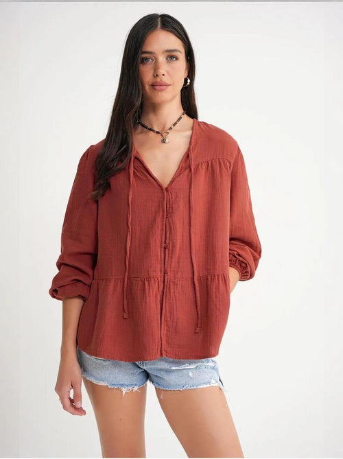 Chemise en seersucker à manches trois-quarts et col ras du cou avec détails de reliure mixray - Kiabi