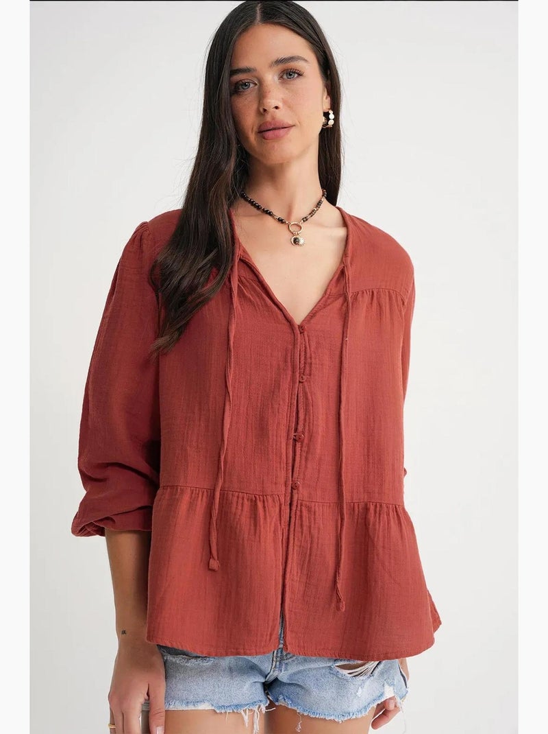 Chemise en seersucker à manches trois-quarts et col ras du cou avec détails de reliure mixray Rouge foncé - Kiabi