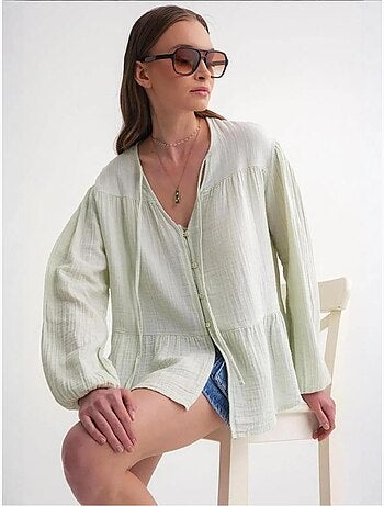 Chemise en seersucker à manches trois-quarts et col ras du cou avec détails de reliure mixray