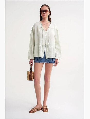 Chemise en seersucker à manches trois-quarts et col ras du cou avec détails de reliure mixray
