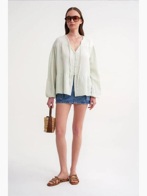 Chemise en seersucker à manches trois-quarts et col ras du cou avec détails de reliure mixray - Kiabi
