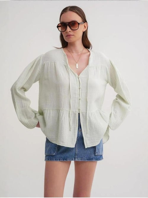 Chemise en seersucker à manches trois-quarts et col ras du cou avec détails de reliure mixray - Kiabi