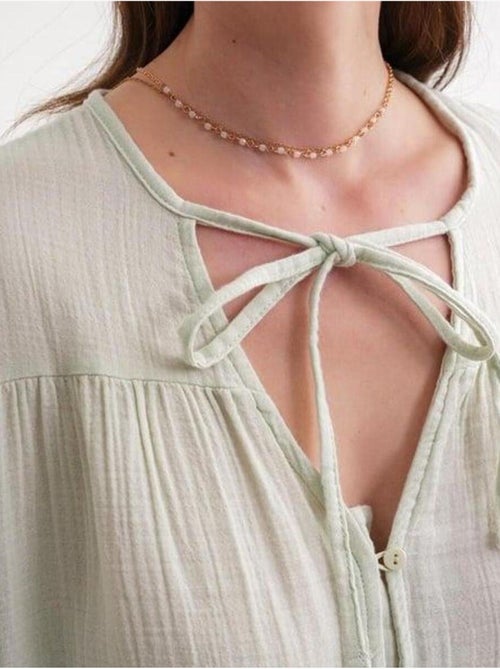 Chemise en seersucker à manches trois-quarts et col ras du cou avec détails de reliure mixray - Kiabi