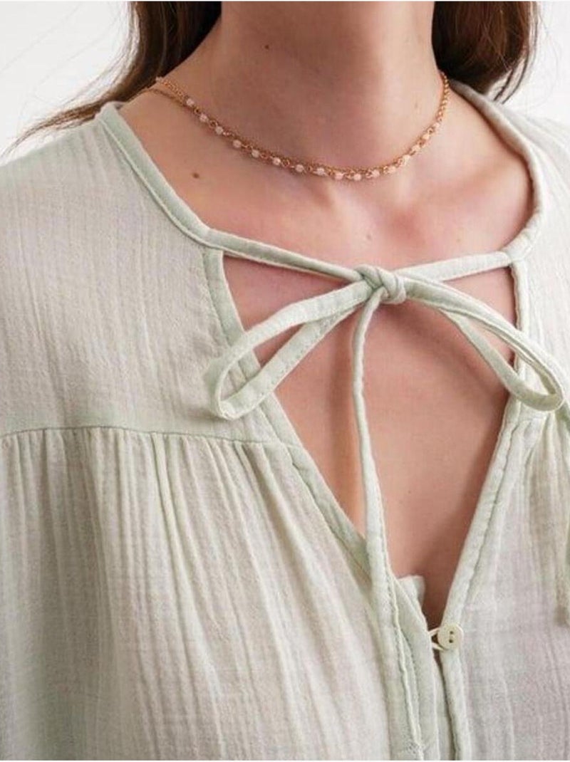 Chemise en seersucker à manches trois-quarts et col ras du cou avec détails de reliure mixray Vert menthe - Kiabi
