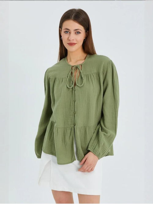 Chemise en seersucker à manches trois-quarts et col ras du cou avec détails de reliure mixray - Kiabi