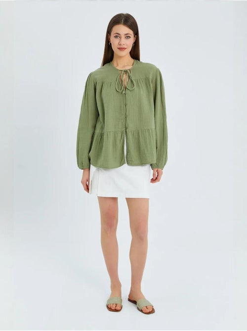 Chemise en seersucker à manches trois-quarts et col ras du cou avec détails de reliure mixray - Kiabi