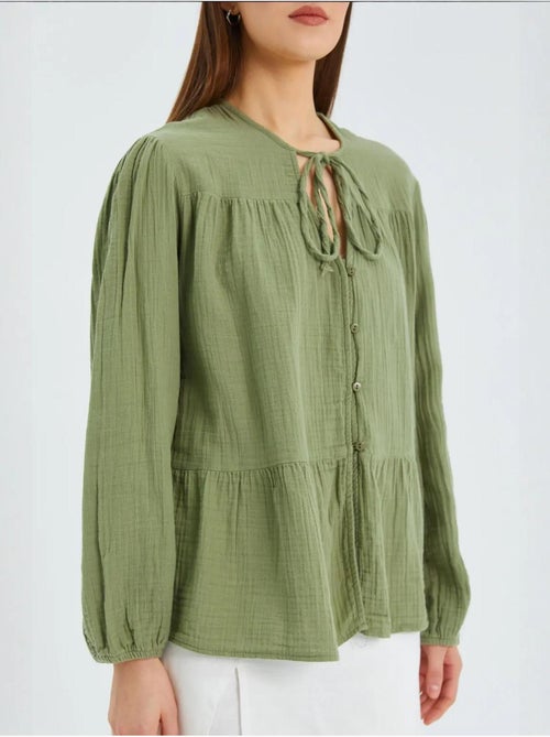 Chemise en seersucker à manches trois-quarts et col ras du cou avec détails de reliure mixray - Kiabi