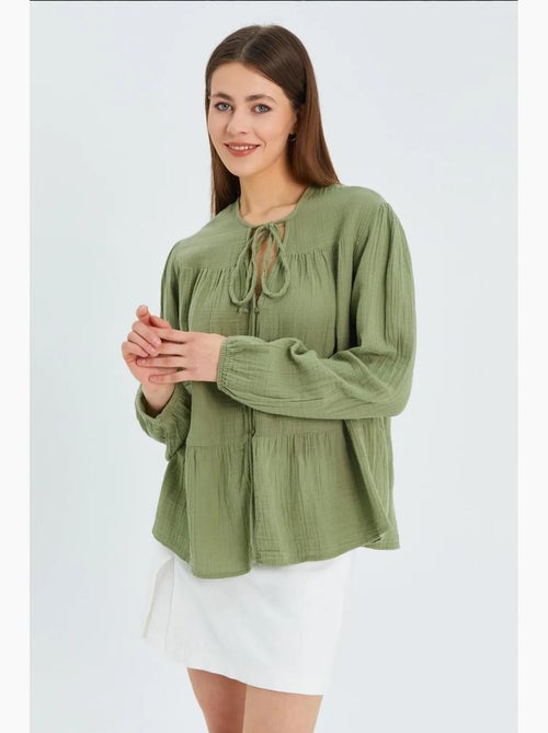 Chemise en seersucker à manches trois-quarts et col ras du cou avec détails de reliure mixray - Kiabi
