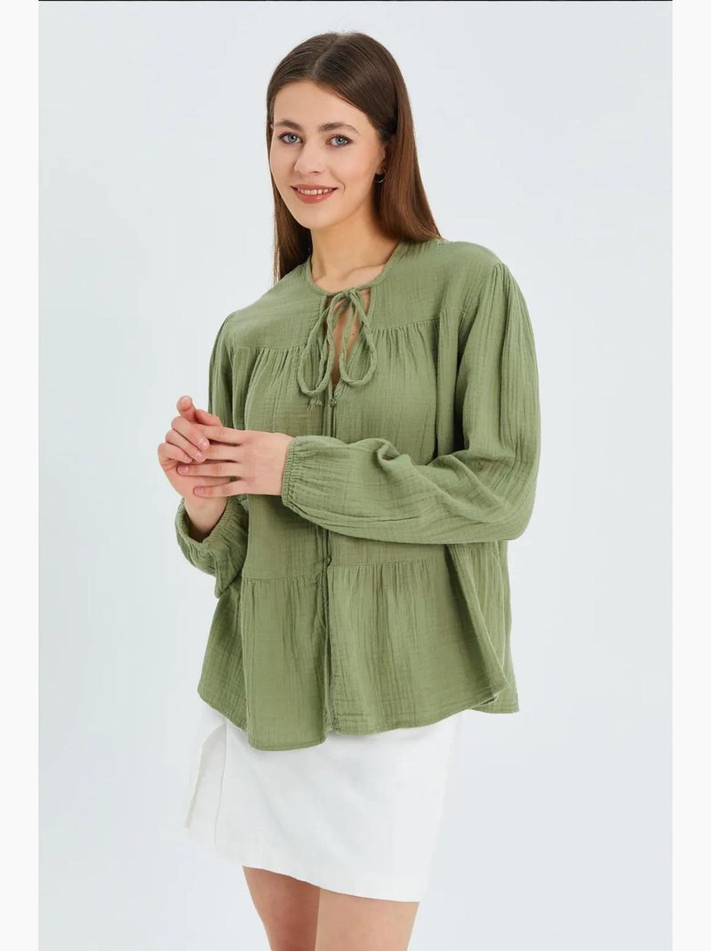 Chemise en seersucker à manches trois-quarts et col ras du cou avec détails de reliure mixray Vert pastel - Kiabi