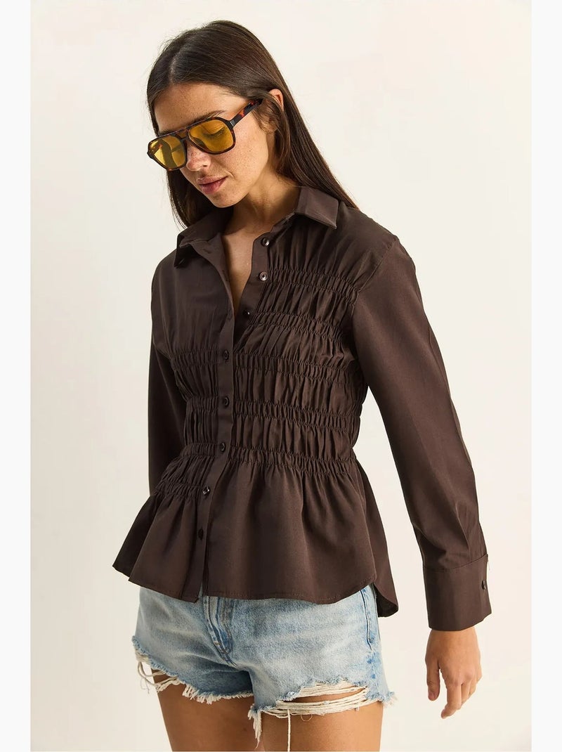 Chemise femme en popeline de mélange de coton coupe normale lucci Marron - Kiabi