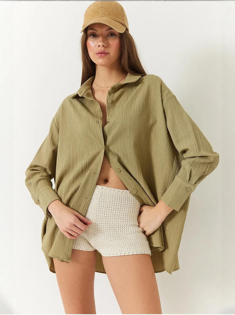 Chemise froissée basique surdimensionnée à épaules dénudées lucci Kaki - Kiabi