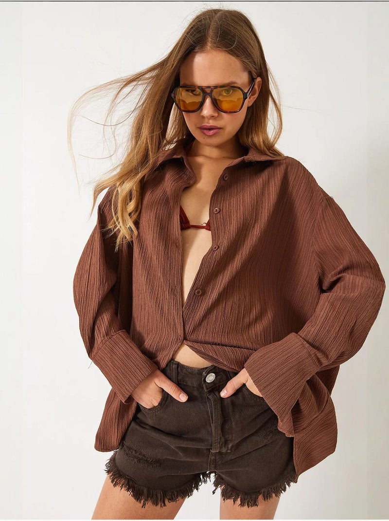 Chemise froissée basique surdimensionnée à épaules dénudées lucci Marron - Kiabi