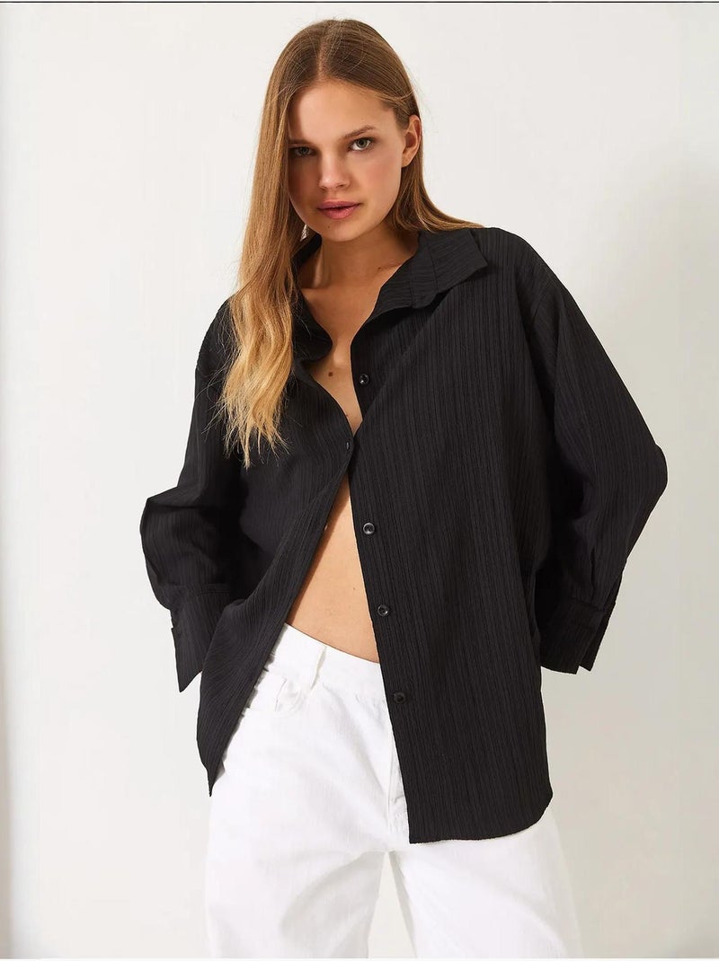 Chemise froissée basique surdimensionnée à épaules dénudées lucci Noir - Kiabi