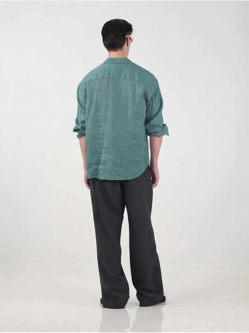 Chemise homme à manches longues en mélange de lin oversize giesto Bleu canard - Kiabi