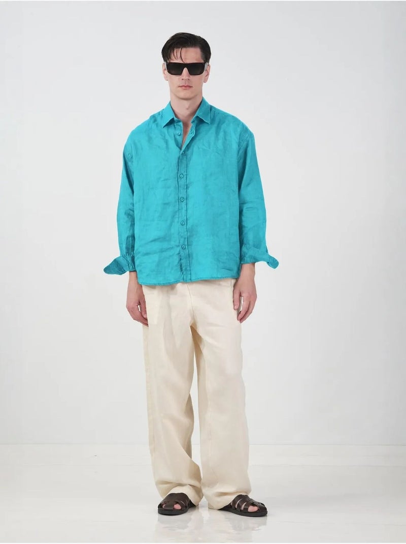 Chemise homme oversize en lin, manches longues giesto Turquoise - Kiabi