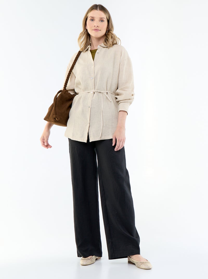 Chemise longue unie en lin Beige - Kiabi