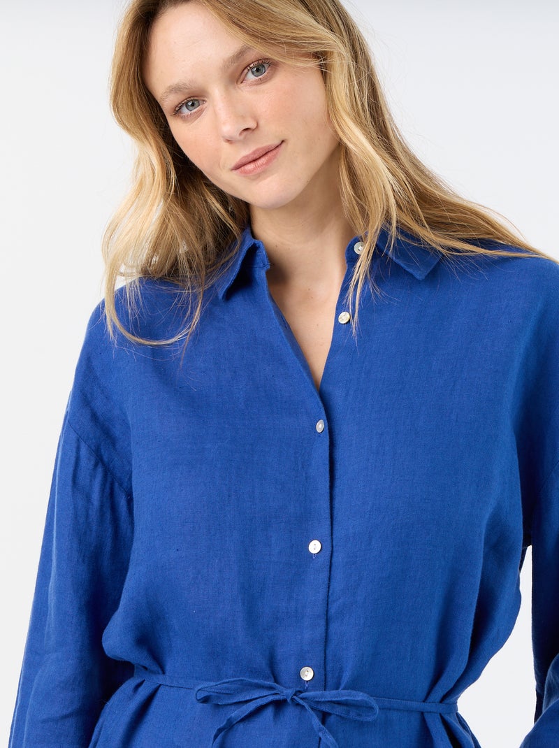 Chemise longue unie en lin Bleu - Kiabi