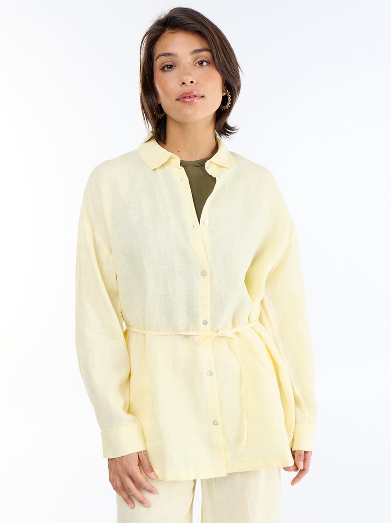 Chemise longue unie en lin Jaune - Kiabi
