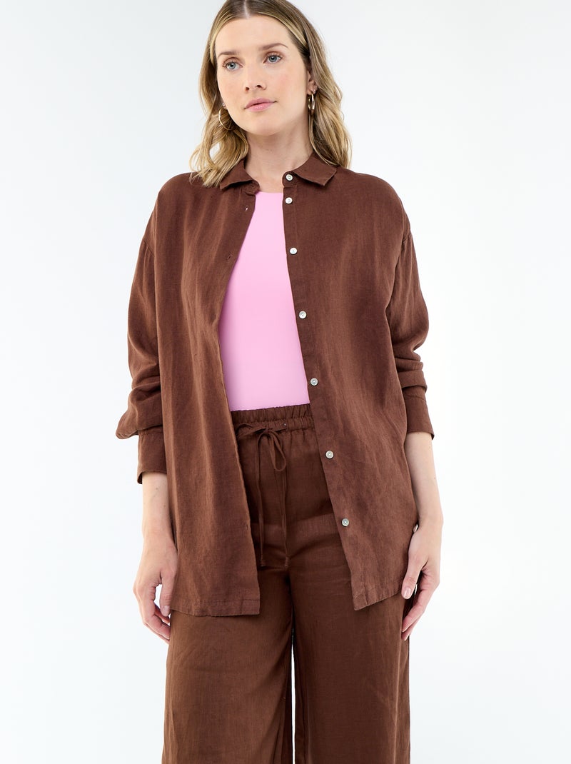 Chemise longue unie en lin Marron - Kiabi