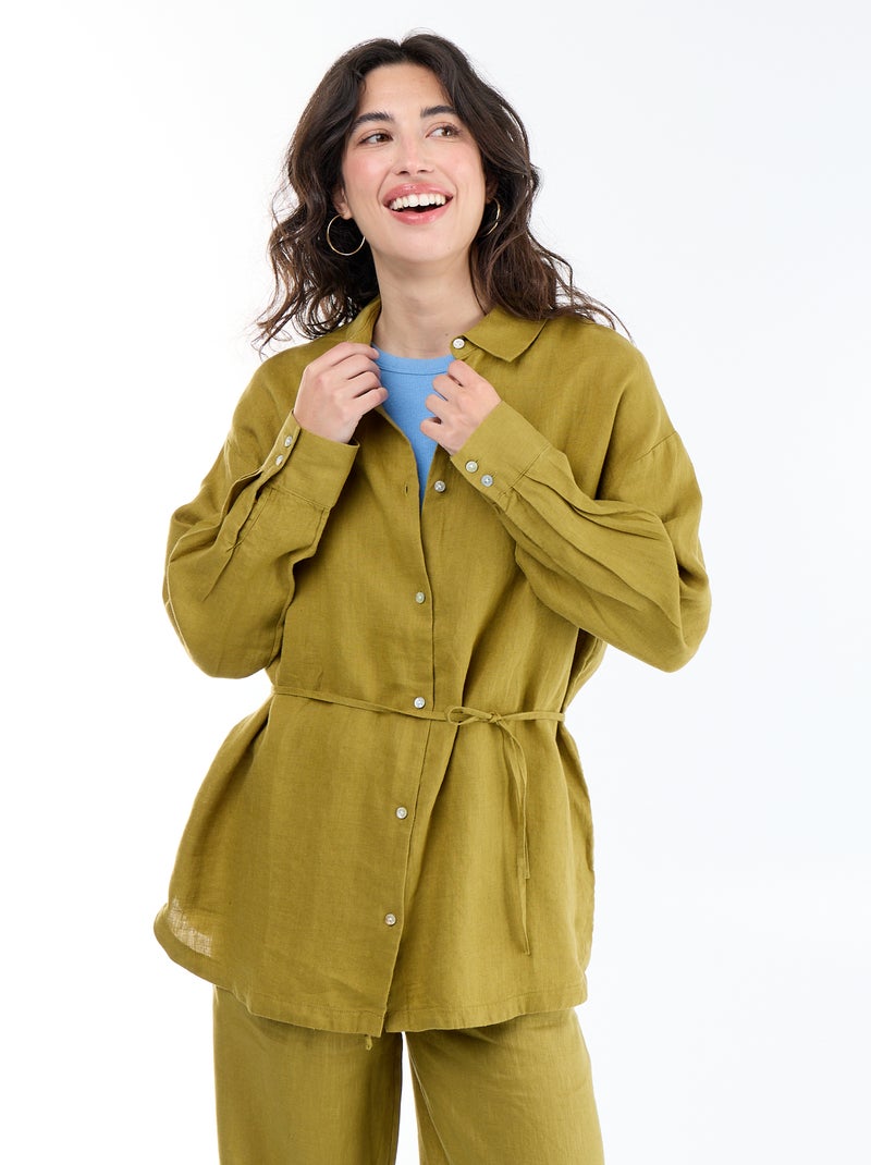 Chemise longue unie en lin Vert - Kiabi