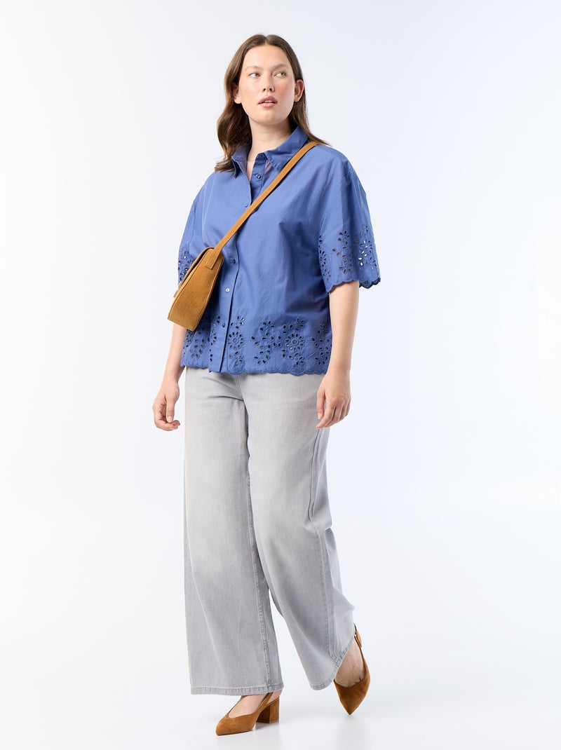 Chemise manches courtes avec broderie ajourée Bleu - Kiabi