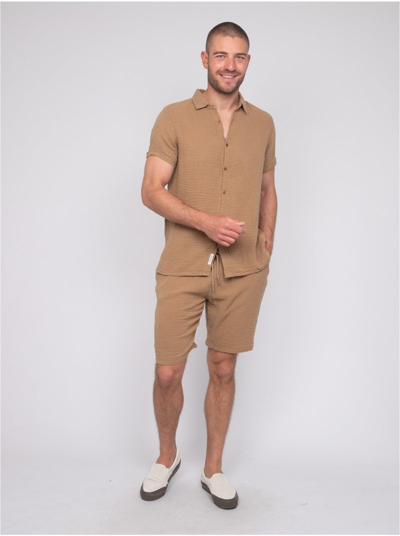 Chemise manches courtes coton doumaki Beige - Kiabi