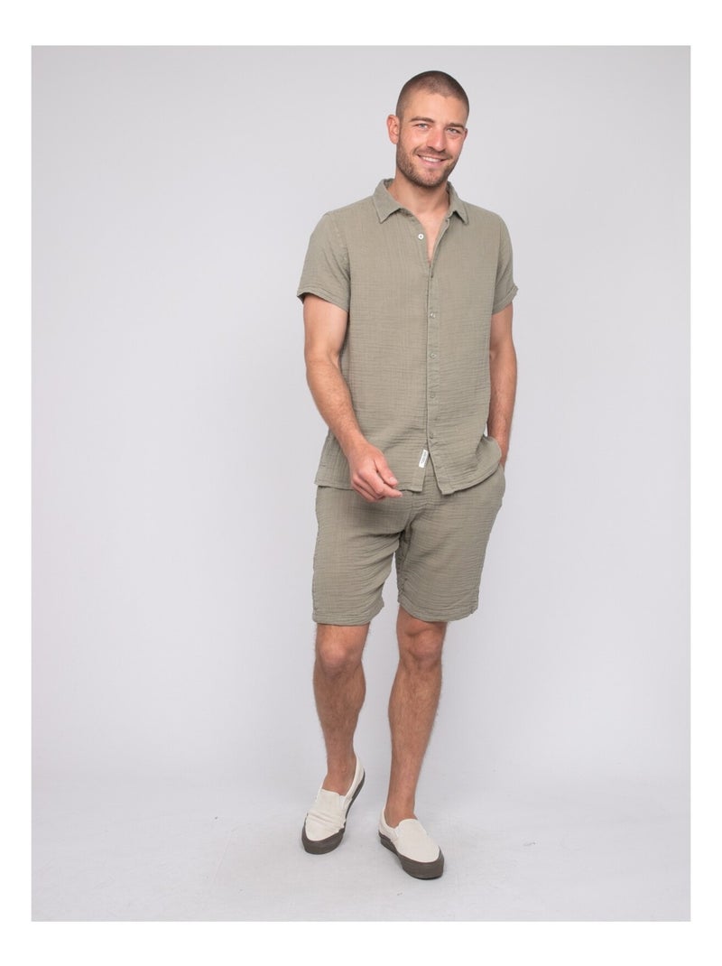 Chemise manches courtes coton doumaki Kaki - Kiabi