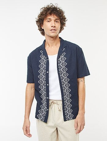 Chemise manches courtes en lin mélangé avec broderies