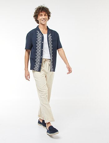 Chemise manches courtes en lin mélangé avec broderies