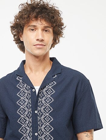 Chemise manches courtes en lin mélangé avec broderies
