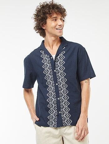 Chemise manches courtes en lin mélangé avec broderies